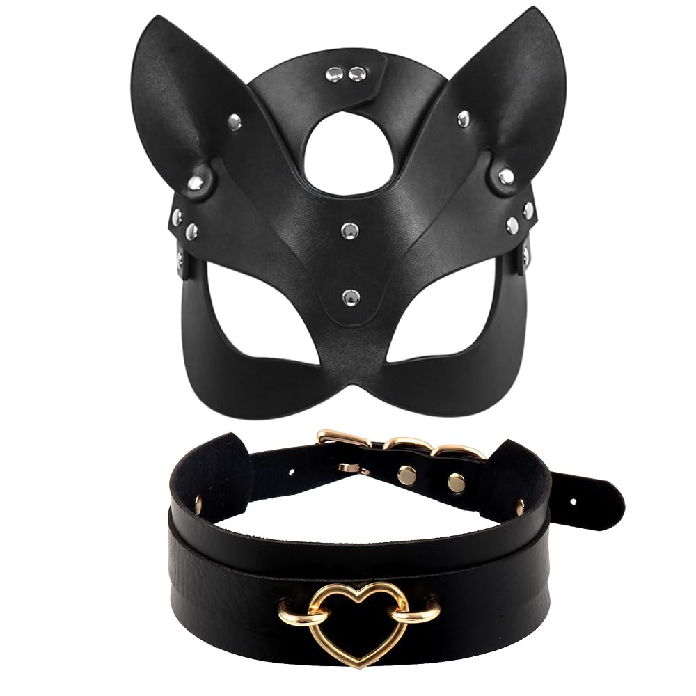 SUNNEE Leather Masks: Black Choker Mask Set for Women Half Face Mask Adults Cosplay Costume Party Props Accessory (Fox)