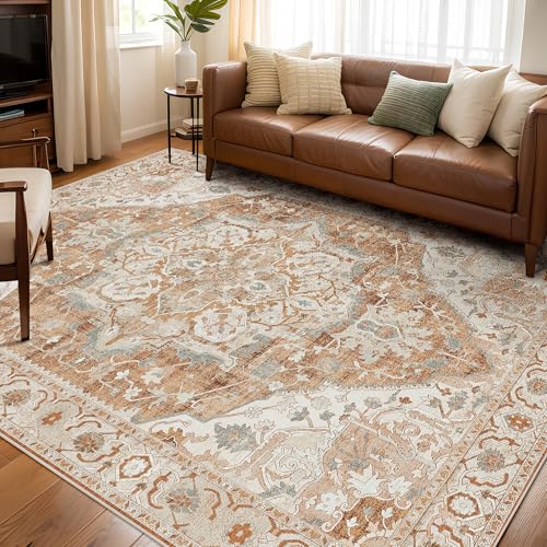 Deerly Large Washable Area Rug 8x10 for Living Room Bedroom Boho Vintage Oriental Rug for Dining Room Non-Slip Soft Low-Pile Farmhouse, Caramel/Beige/Multi