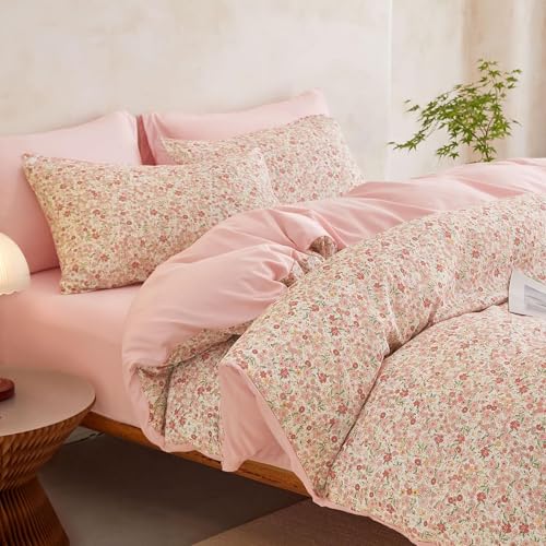 Image of Wake In Cloud - Floral Comforter Set, Cute Vintage Flower Cottagecore Aesthetic for Women Teen Girls, Soft Lightweight Dorm Bedding, 3 Pieces, Cream Pink, Full Size