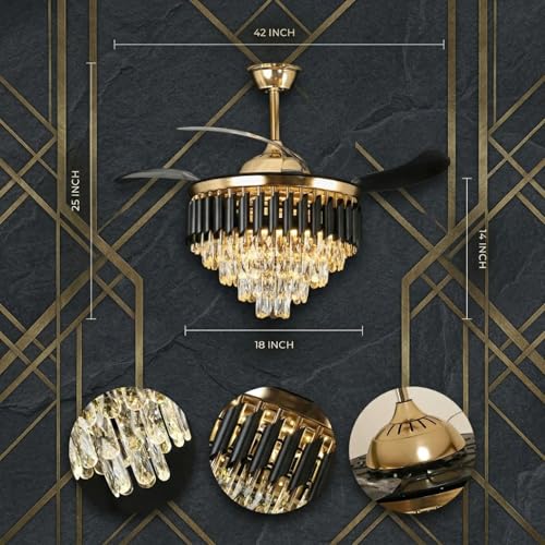 Image of Desidiya 42 inch Crystal Retractable Ceiling Fan with Light & Remote, Gold | with Retractable Blades, Remote, 6 Speeds & 3 LED Color Modes