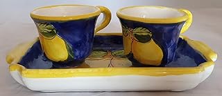 TAZZINE CAFFE’ CON LIMONI (2 PEZZI) + VASSOIO IN CERAMICA DI VIETRI DIPINTI A MANO, ARREDO TAVOLA COSTIERA AMALFITANA MAIOLICA BOMBONIERA REGALO MADE IN ITALY