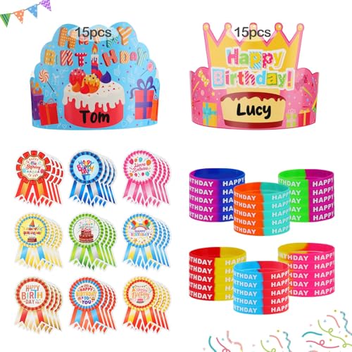96 Pcs Happy Birthday Kits for Kids Classroom - Include Adjustable Birthday Crowns, Silicone Stretches and Badge Stickers, Party Supplies for Kindergarten School, Student Gifts from Teacher