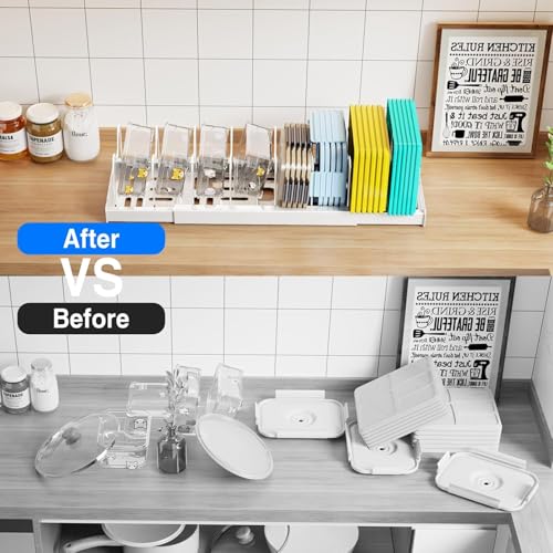 Image of Pan Organizer Rack for Kitchen Pot Holder Expandable Utensils Organiser with 9 Adjustable Dividers Pot and Pan Holder Racks for Cabinet Countertop White