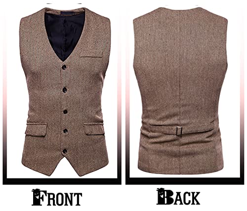 RONGKIM Men's Herringbone Tweed Suit Vest Business Casual Wool Blend Waistcoat Formal Dress Vest for Wedding Party2