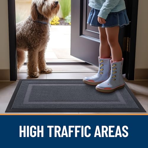 OLANLY Front Door Mat Indoor Outdoor Entrance, Waterproof All-Season, All-Weather Doormat, Sturdy Natural Rubber, Fade Resistant, Low Profile, Easy Clean Patio Porch Entryway Mat, 59x35, Light Grey