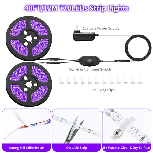 Image of Dimmable Black Light Strip Kit 40ft /12M 720 LEDs, 12V Flexible Blacklight Fixtures, 385nm-400nm, Black Light LED Strips for Glow Party Fluorescent Poster Halloween Indoor Bedroom Decor, Non-Waterproof