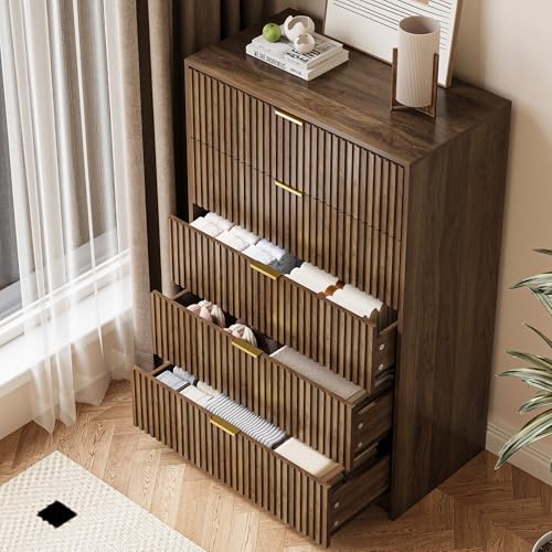 Image of MAISONARIA 5 Drawer Dresser for Bedroom, Tall Dresser Chest of Drawers with Gold Handles, 32 Inch Wide Nightstand with for Bedroom, Living Rooms, Offices, and Entryways, Walnut