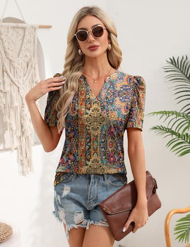 Image of Zeagoo Women Blouses Puff Short Sleeve Tops V Neck Dressy Casual Spring Shirts Boho Floral Cute Clothes 2026