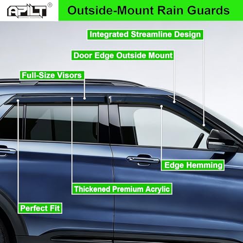 Image of Outside-Mount Rain Guards Window Visors for 2020-2026 Ford Explorer Wind Vent Deflector Dark Smoke 4-Piece Set with Thicker