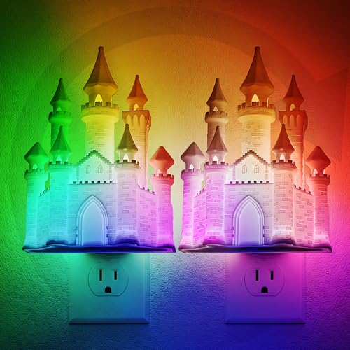 Image of JandCase Night Lights Plug into Wall, 3D Printed Castle RGB Night Light | 2 Pack 10-Color Change Night Light, Dimmable Nightlights with Dusk to Dawn Sensor for Rooms Bathroom Hallway