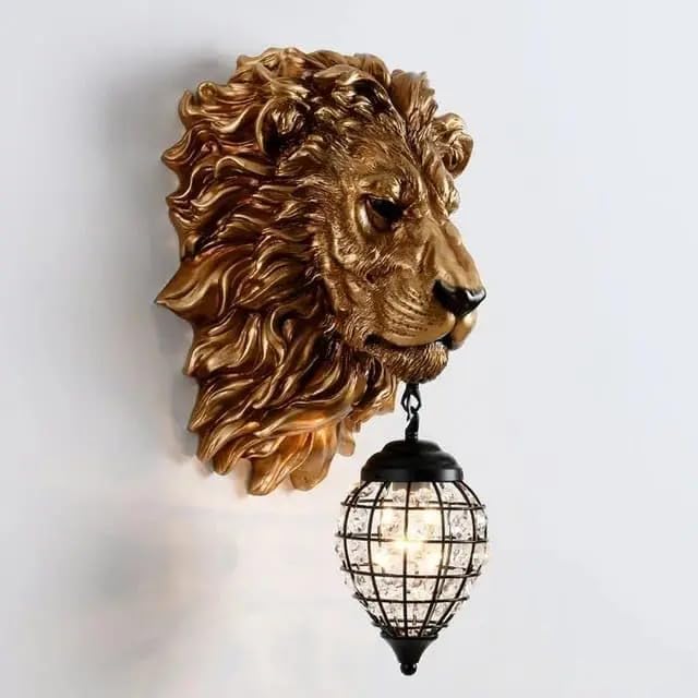 Golden Crystal Lion Head Wall Lamp with Large Lion Animal-Themed Head Wall...