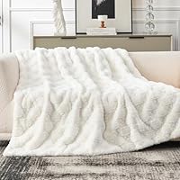 Cozy Bliss Faux Fur Textured Throw Blanket for Bed Super Soft Fuzzy Checkered Couch Blanket Gift for Women Premium 3D Geom Jacquard All Season Use Cream White 60"*80"