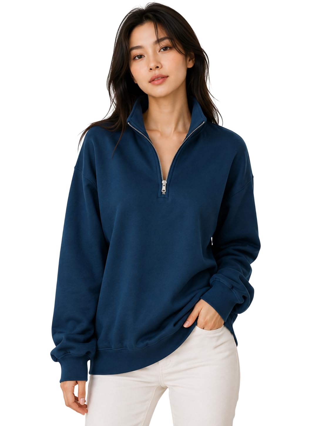 Women's Solid Oversized Sweatshirt | Mock Neck Quarter Zip Pullover | Full Sleeve Casual Winter Sweatshirt | Soft Fleece Regular Fit-image-13