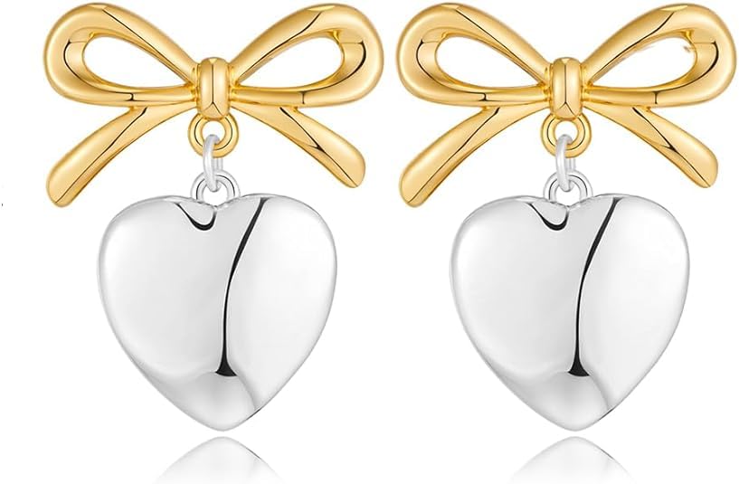 CHONGQILAOPendientes Mujer Pendientes Dorados, Pendientes de Lazo Pendientes Corazon Plata, Hipoalergénicos Aretes Colgantes Pendientes en Forma de Corazón, Pendientes Lazo Regalo de Cumpleaños para Mujer Niña