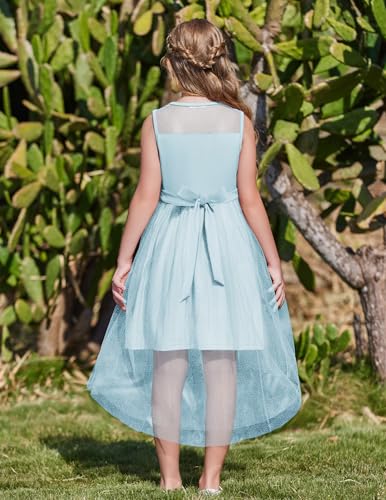 Image of Arshiner Girls Dresses Formal Party Wedding Tulle Sleeveless Contrast Mesh High Low Dress with Belt