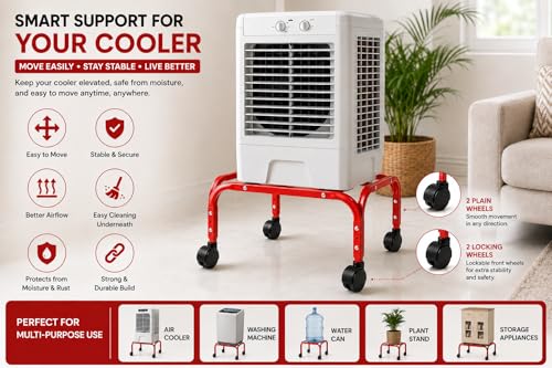 Image of Heavy-Duty Metal Cooler Stand with 360 Rotatable Wheels - Universal Fit for Kenstar, Bajaj, Symphony, Havels & Maharaja Coolers - Rust-Proof Powder Coated Finish - Sturdy & Durable Design