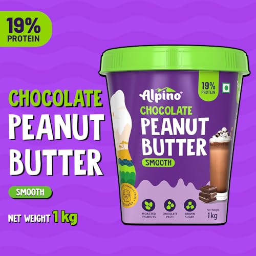 Image of ALPINO Chocolate Peanut Butter Smooth 1kg - Roasted Peanuts, Chocolate Paste & Brown Sugar - 26% Protein, Source of Healthy Fats (Pack of 3)