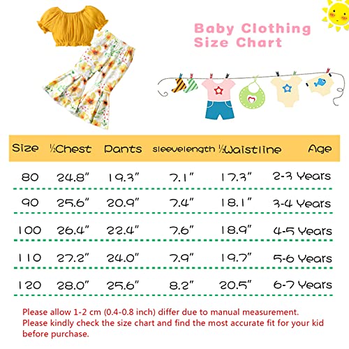 Aikeidy Girls Clothes Sets 4T 5T Summer Short Sleeve Top T-Shirt Yellow Floral Leggings Bell Bottoms 2 Pcs Cute Flare Pants Outfits #TOP1