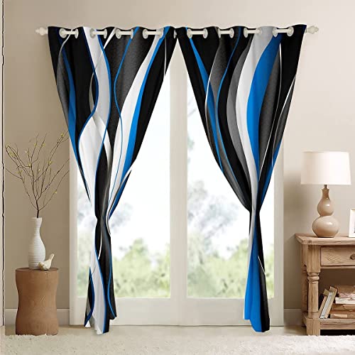 Loussiesd Blue Black Curtains Geometric Spiral Pattern Window Drapes for Kids Boys Girls Modern Abstract Blackout Curtain Grey White Window Treatments W52*L90 - Image 4