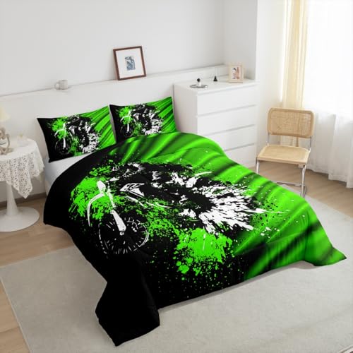 Image of Feelyou Kids Dirt Bike Comforter Set Full Size, Green Black Ombre Bedding Set Extreme Sports Duvet Insert Boys Girls Teens Bedroom Decor 3Pcs
