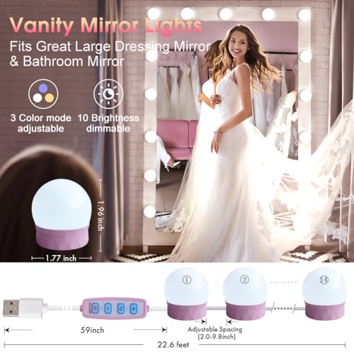 Image of 22.6ft Led Vanity Mirror Lights with 14 Dimmable Light Bulbs Makeup Vanity Lights for Big Long Mirror