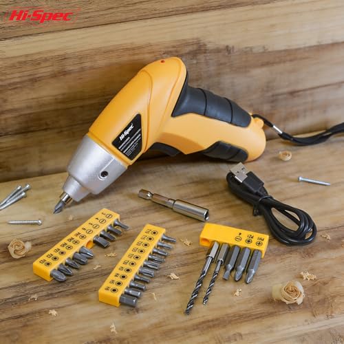 Image of Hi-Spec Small Electric Screwdriver, Mini Drill Set, Rechargeable 3.6V Cordless Screwdriver with 26 Driver Bits, Power Tool for Small Projects & Home Use, Red (Yellow)