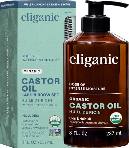 Cliganic Organic Castor Oil, 100% Pure (8oz with Eyelash Kit) - For Eyelashes, Eyebrows, Hair & Skin...