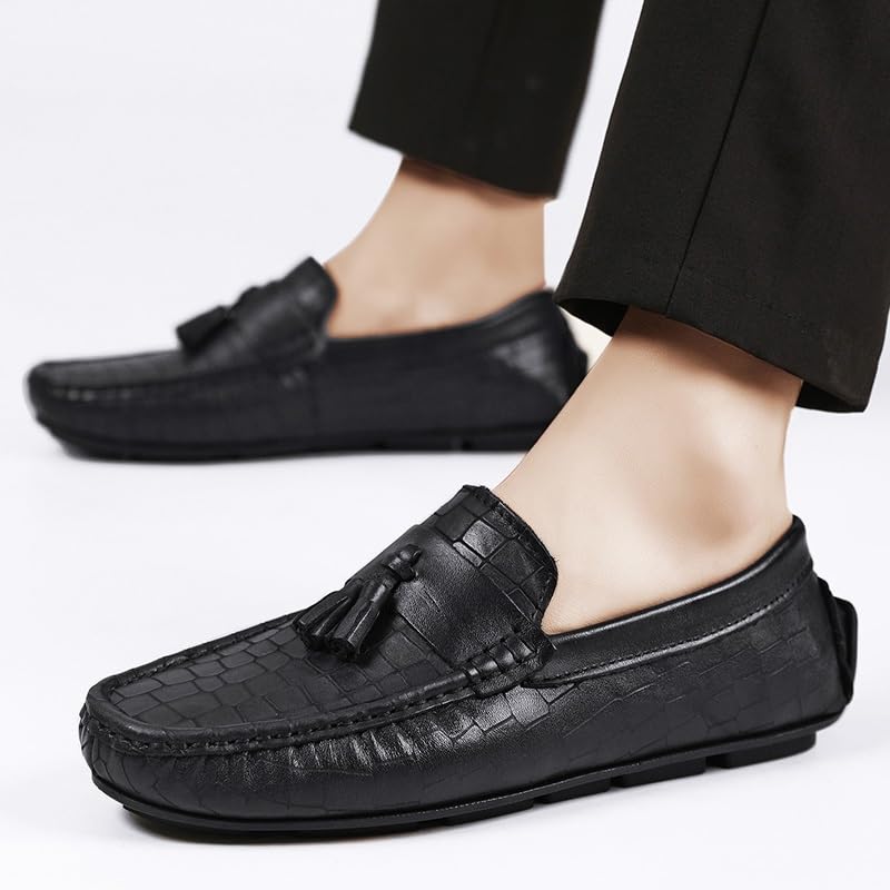 Loafers for Men Round Toe Leather Stone Pattern Driving Loafers Flat Heel Flexible Slip Resistant Party Outdoor Slip-ons4