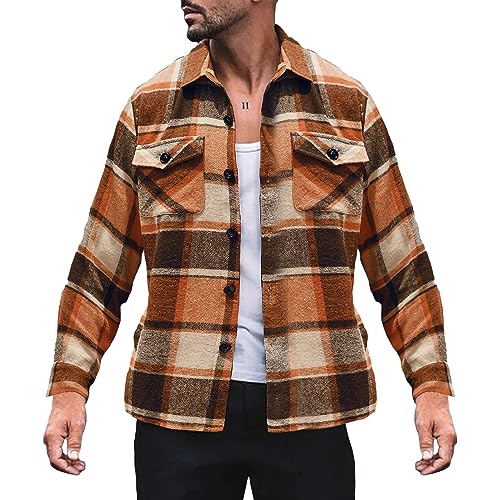 LCMTWX Men's Cotton Plaid Shirts Jacket Print Hooded Zipper Pocket Long Sleeve Shirt Patchwork Shirt Plaid Cotton Hoodies