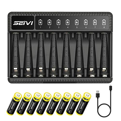 SEIVI 8 Bay AA AAA Battery Charger with Rechargeable AA Batteries (8 Pack 2800mah) - Ni-Mh Rechargeable Batteries with Charger - USB Fast Charging, Independent Slot (8 AA + SN8)