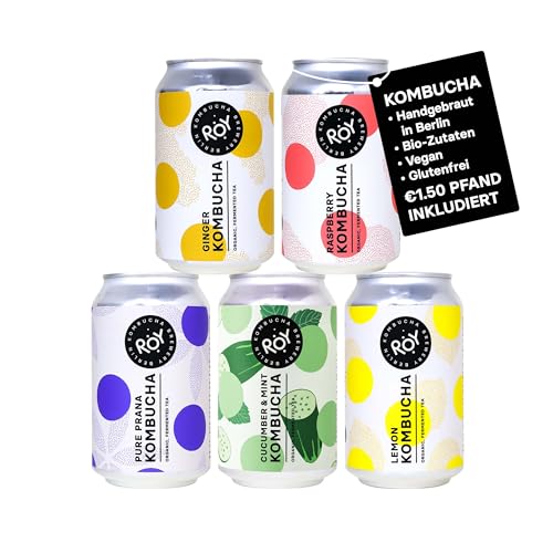 ROY Probierpaket Kombucha Bio mit 5 Sorten, 6 Dosen à 330 ml Bio Kombucha, handgefertigt in unserer Berliner Brauerei, vegan, glutenfrei, laktosefrei, 6er Pack, inkl. 1,50€ Pfand