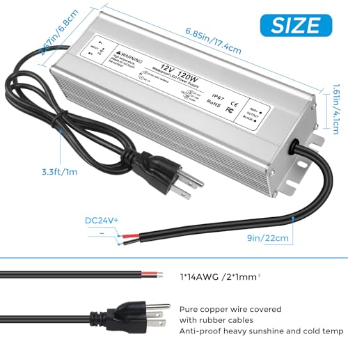 Image of 120W 12V LED Power Supply, IP67 Waterproof LED Driver, AC 110V to DC 12 Volt 10A Low Voltage Transformer Converter for Outdoor LED Strip & Landscape Lighting, 3-Prong Plug with 3.3FT Cable