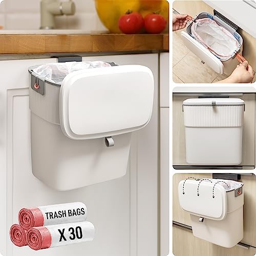 McKay Hanging Trash Can with Lid, Kitchen Compost Bin for Under Sink, Mini Trash Can, Wall-Mounted Garbage Can for Bathroom/Countertop/Bedroom, 2.5 Gallon, White