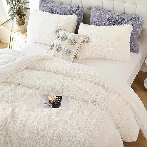 Smoofy Fluffy Full Size Comforter Set, Faux Fur Comforter Set, Luxury Fuzzy Bedding Set, Soft Shaggy Full Bed Set for All Season, 3 Pieces - 1 Comforter & 2 Pillowcases, Beige