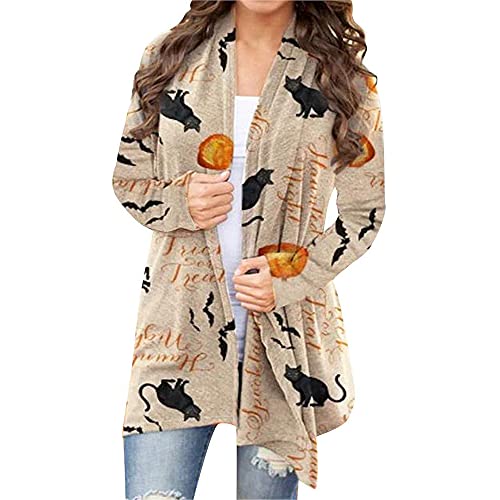 BOUTIKOME Women's Halloween Cat Pumpkin Cardigan Long Sleeve Open Front Knit Outwear Coat Plus Size Knitting Sweater Top(Beige, 3XL)