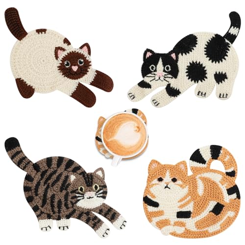 OT-NVWOZR Cute Cat Coasters for Desk Funny Woven Coaster for Decoration Creative Gifts for Cat Lovers Crochet Insulation Knitted Coasters for Coffee Tea Table Desktop Protection (4 Style B)