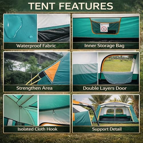 Image of Large Camping Tent for 9-12 Person Spacious Outdoor Tent House For Hiking Waterproof Dome Portable Spacious Camping Tent Perfect for Hiking Travel,Trekking&Outdoor Adventures( 410*305*200cm)