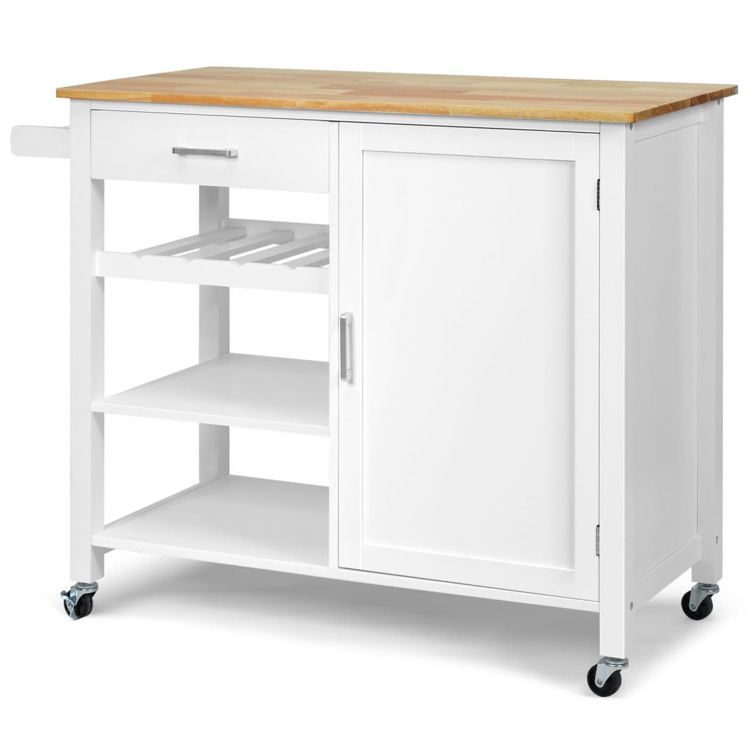 GiantexUK Kitchen Island Cart on Wheels, Mobile Storage Trolley with Oak Wood Countertop, Adjustable Shelves, Towel Rack & Wine Rack, Utility Serving Trolley for Dining Living Room (White Body)