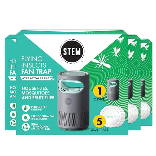 STEM Flying Insect Fan Trap for Indoor Bug Control Attracts Mosquitoes Fruit Flies and House Flies Plug-in Fan with UV Light Starter Kit Includes 2 Device and 10 Glue Traps