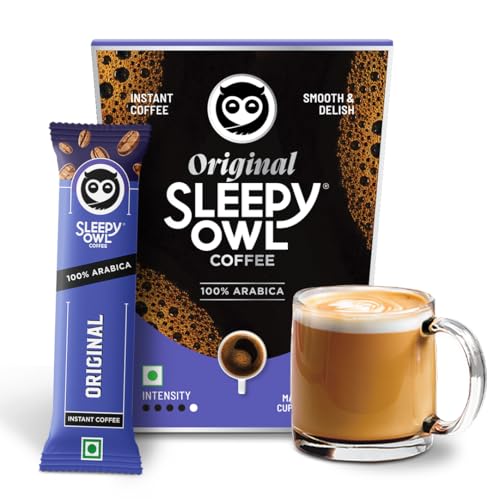 Sleepy Owl Original Freeze Dried Coffee Sachets | 20g - Pack of 10 x 2g Instant Coffee Powder Sachets | 100% Arabica Beans | Aromatic Coffee Pouch | Rich & Smooth | Easy to Use & Carry
