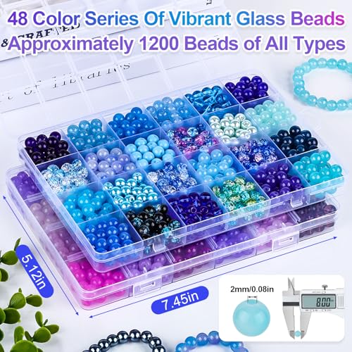 XSEINO About 1200PCS 8mm Glass Beads Bracelet Making Kit，48 Assorted Dreamy Purple and Blue Series Colorful Crystal Beads for Making and DIY Crafts