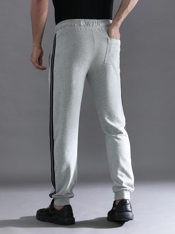 Image of CROCODILE Men Solid French Terry Joggers | Classic Fit | Mid Rise | Drawstring Closure | Ankle Length | Casual Wear Navy Melange