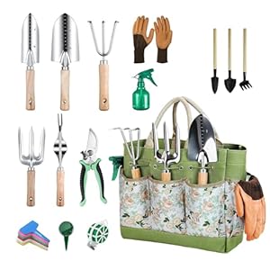 Garden Tool Set, 12 Pieces Gardening Kit Stainless Steel Tools with Floral Organizer Handbag Succulent Cultivation Lawn Supplies for Gardening Starter Gifts for Women