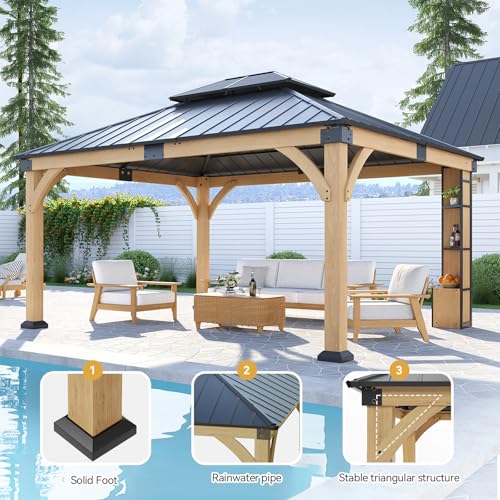 ZIENLIFE 12x14 ft Cedar Wood Gazebo with Sunlight Roof &Storage Cabinet, Hardtop Gazebo with Galvanized Steel Double Roof, Heavy Duty Pavilion for Patio Lawn and Garden - Image 8