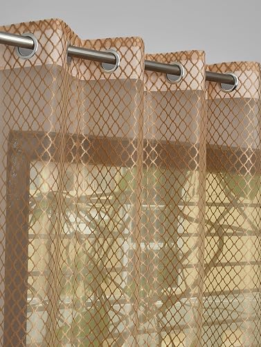 Image of Sheer Net Semi Transparent Home Decor Curtains for Living Room, Balcony Doors and Windows Panel, Parda, Eyelets Hanging, Light Brown, 1 Piece, 4 x 9 Feet