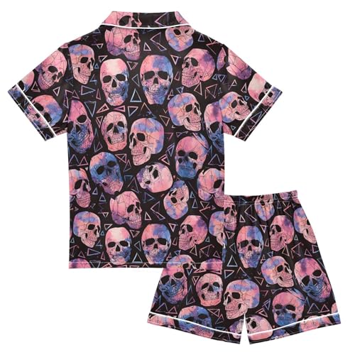 ALAZA Cool Sugar Skull Black Satin Pajamas Set Short Sleeve Button Down Sleepwear Summer Pjs 2 Piece2