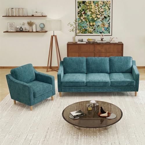 Image of Kingfun Couch Sets for Living Room, 3 Seater Couch and Armchair, Mid Century Modern Sofa Set, Chenille Couch with Solid Wood Frame for Bedroom