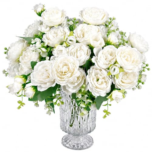 Premora 2 Bunches Peony Artificial Flowers White Silk Peony fake flowers bouquets for wedding party table centerpieces floral arrangement home kitchen décor