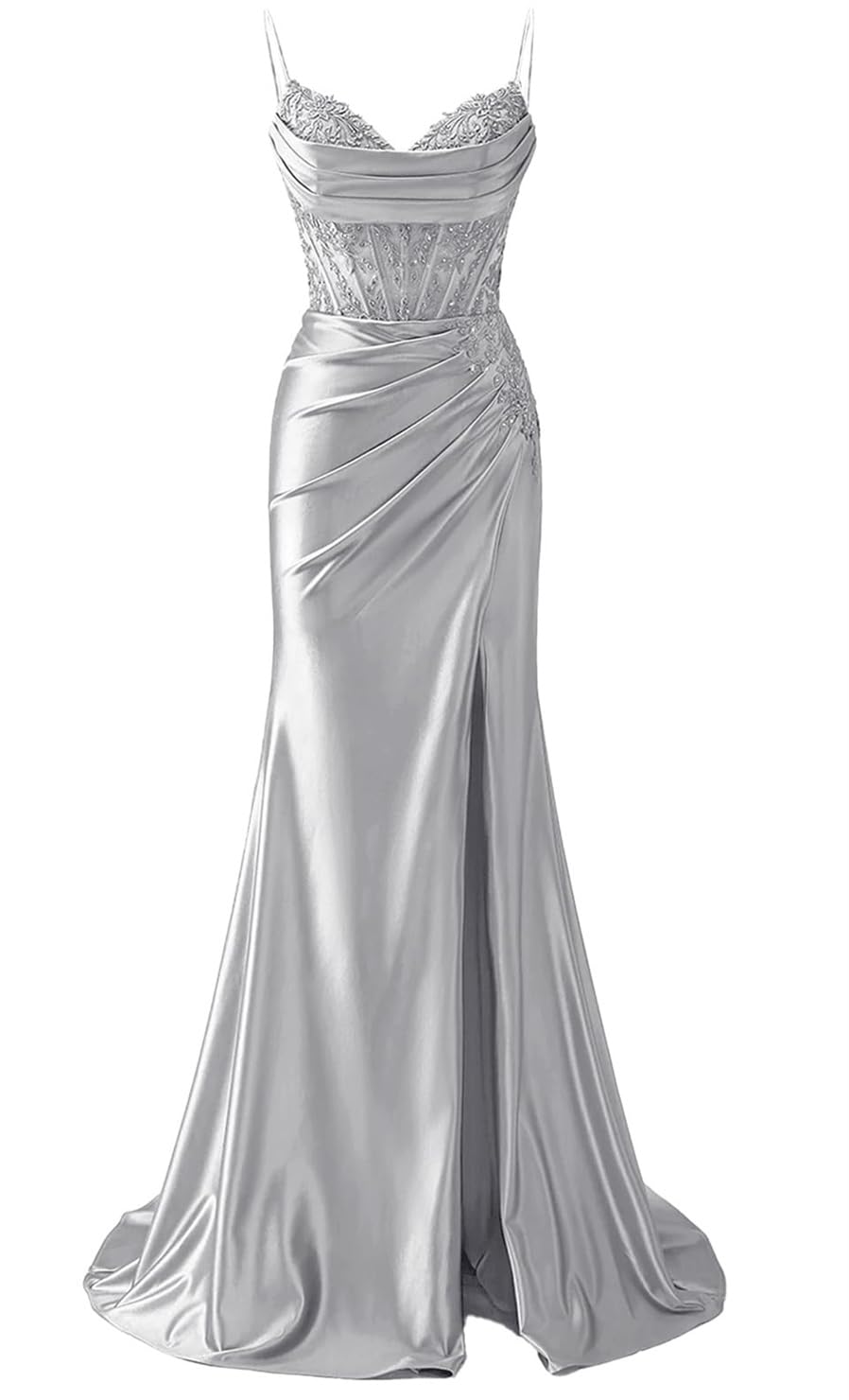 Yiann Women's Silver Satin Prom Dresses With Slit For Lace Applique Mermaid Formal Dress Evening Gown Uk6