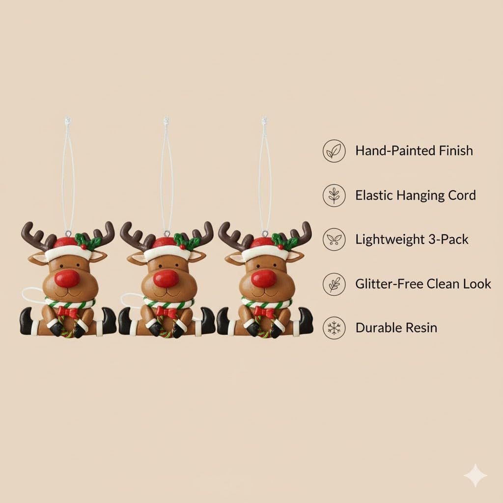 Set of 3 Cute Reindeer Hanging Christmas Tree Ornaments - Hand-Painted Resin Holiday Home Decor & Gift - Durable, Lightweight Xmas Decoration for Family, Friends, Teachers (Deer) - Image 6
